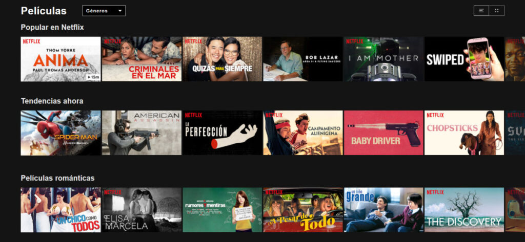En Netflix aplican el chunking en la presentación de opciones de contenido, agrupándolas en categorías.